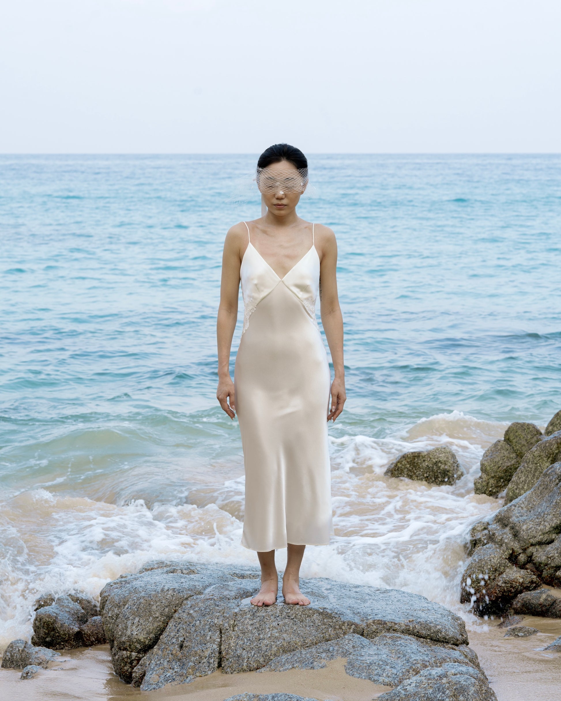 Lace-paneled silk cami dress with low-back