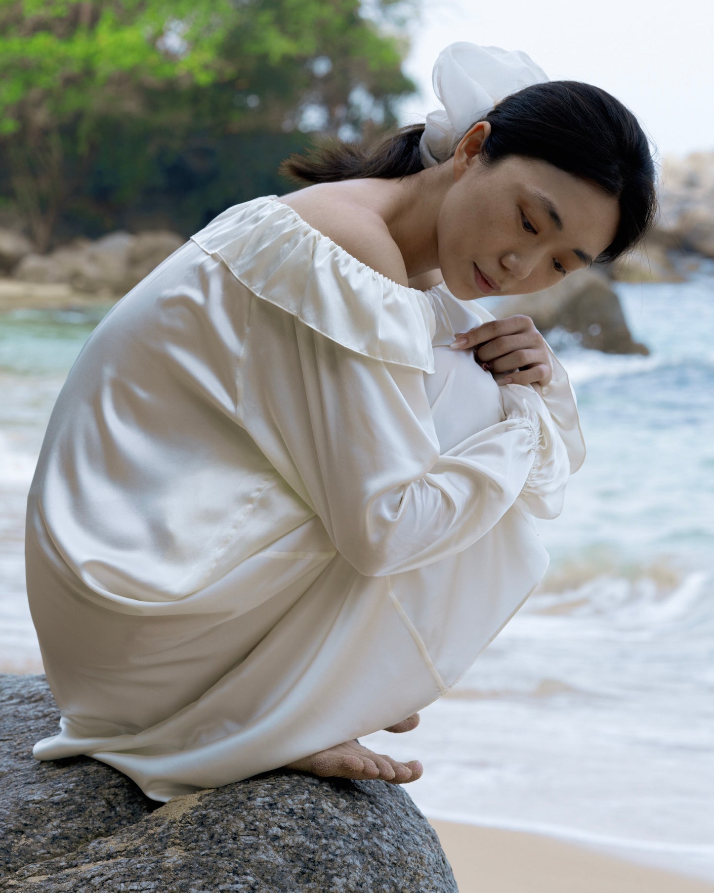 CHILLSAGE Frill-Neckline Oversized Silk Maxi Dress