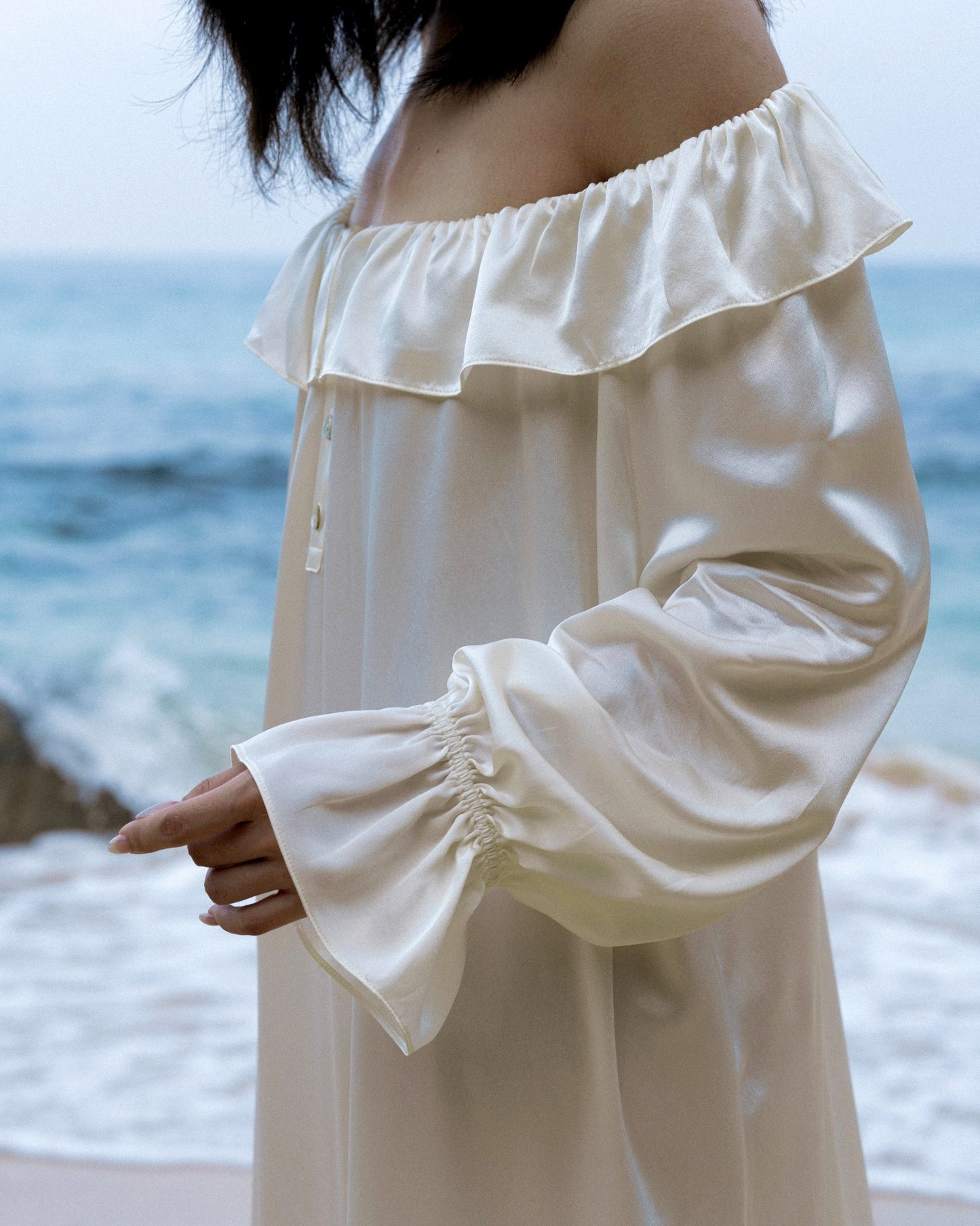 CHILLSAGE Frill-Neckline Oversized Silk Maxi Dress