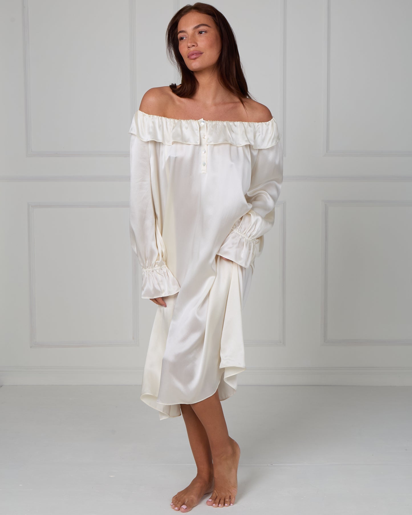 CHILLSAGE Frill-Neckline Oversized Silk Maxi Dress