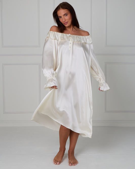 CHILLSAGE Frill-Neckline Oversized Silk Maxi Dress