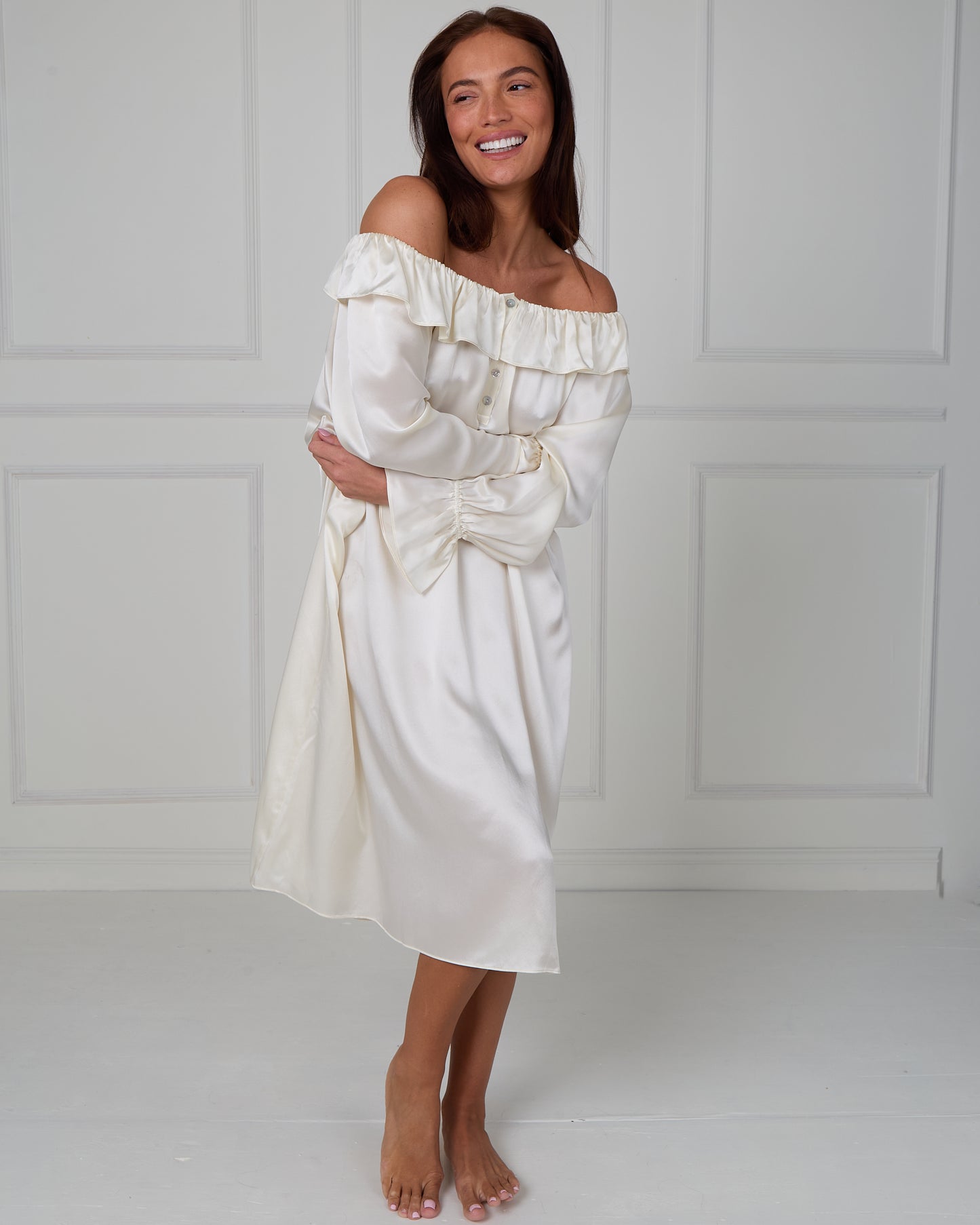 CHILLSAGE Frill-Neckline Oversized Silk Maxi Dress