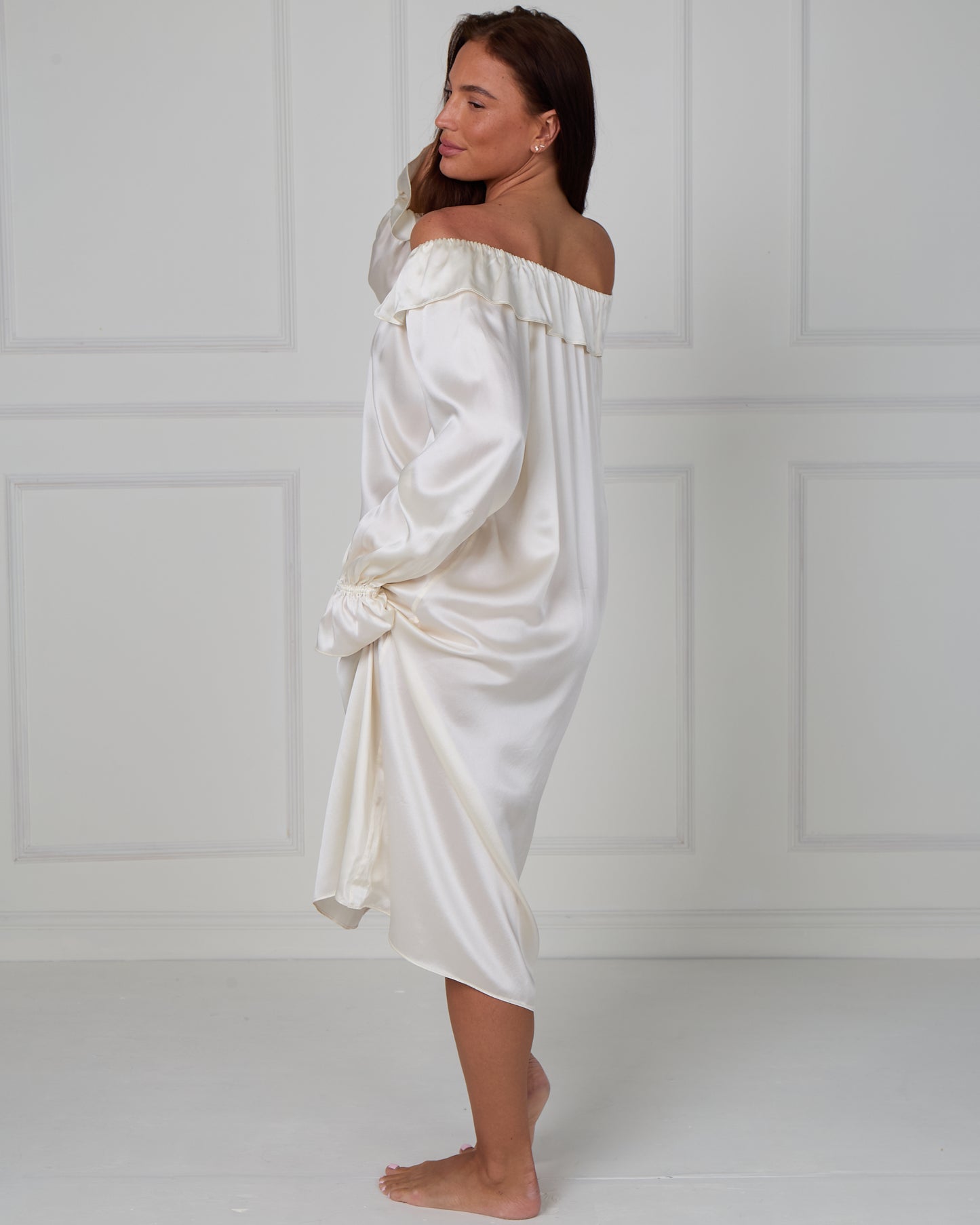 CHILLSAGE Frill-Neckline Oversized Silk Maxi Dress