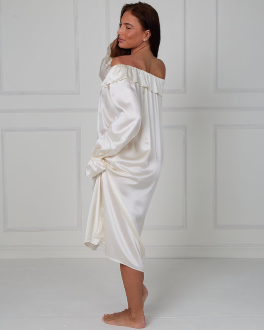 CHILLSAGE Frill-Neckline Oversized Silk Maxi Dress