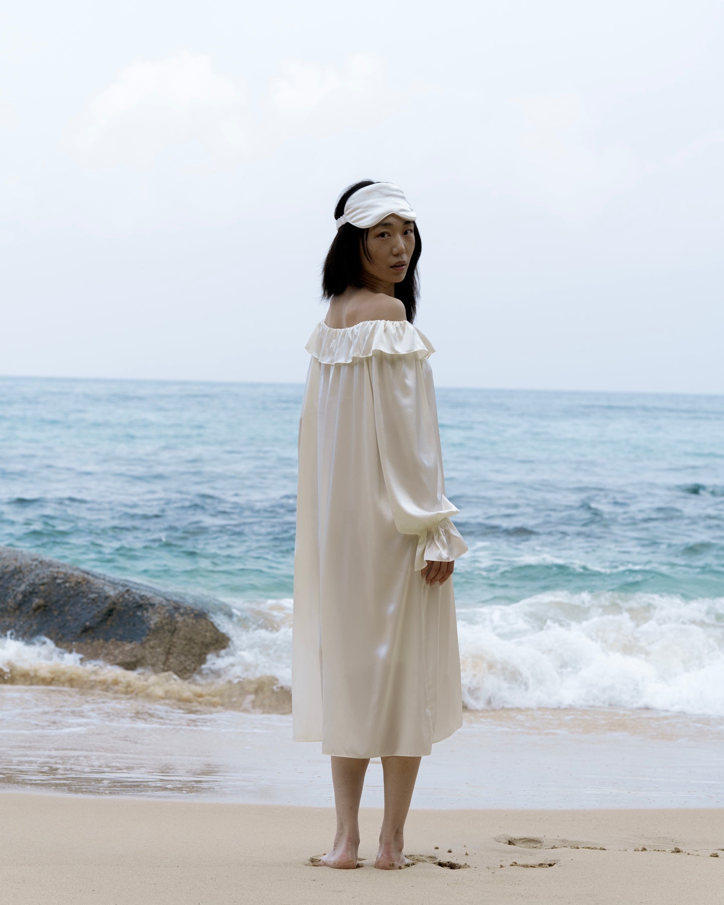 CHILLSAGE Frill-Neckline Oversized Silk Maxi Dress