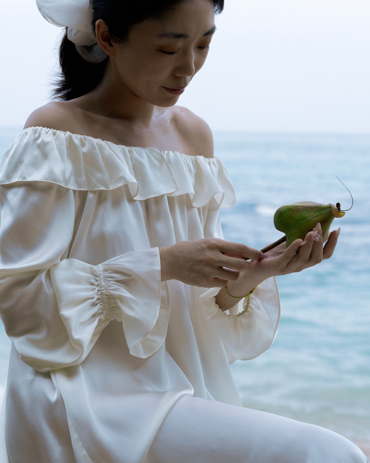 CHILLSAGE Frill-Neckline Oversized Silk Maxi Dress
