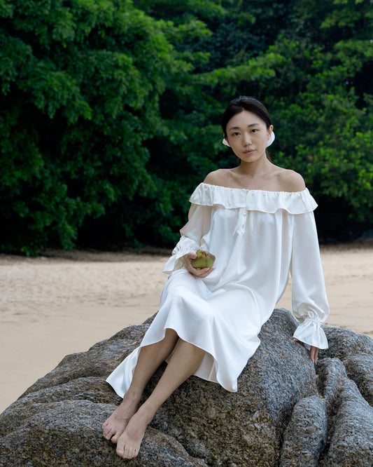 CHILLSAGE Frill-Neckline Oversized Silk Maxi Dress